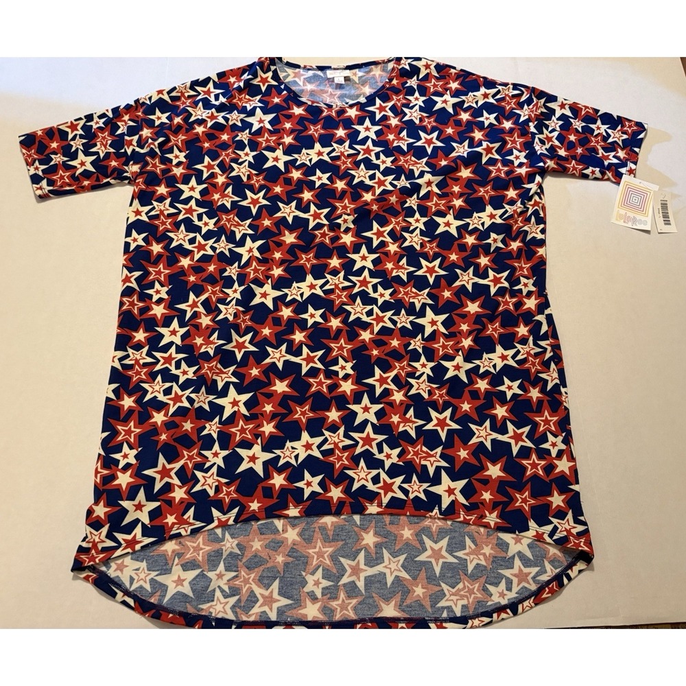 LuLaRoe Irma Tunic Top Women's Large Patriotic Stars Red White Blue High Low
